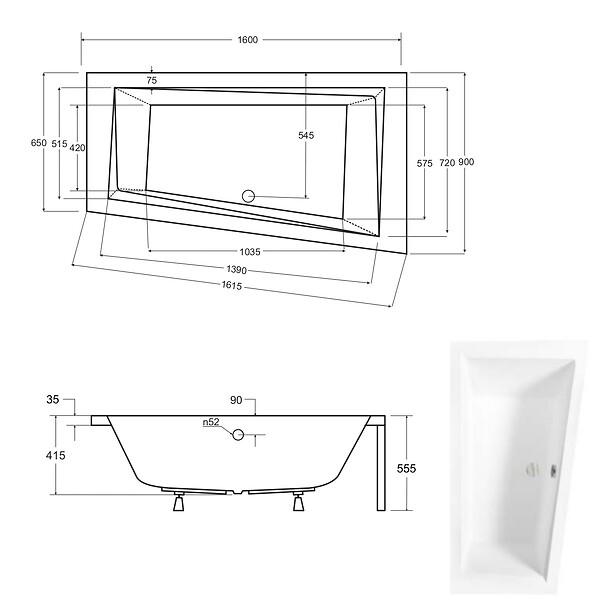 BESCO - Baignoire asymétrique 160 x 90 cm + tablier blanc + repose tête - INTIMA - Droite - large