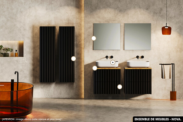 OTITEC - Ensemble complet de salle de bain - Meuble - Colonne - Miroir - Vasque à poser avec Siphon OFFERT | NOVA | Noir | 60 x 56 x 45 cm - large