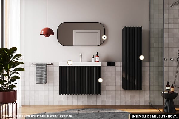 OTITEC - Ensemble complet de salle de bain - Meuble - Colonne - Miroir - Vasque à encastrer avec Siphon OFFERT | NOVA | Noir | 60 x 56 x 45 cm - large