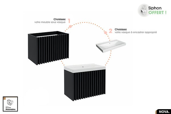 OTITEC - Ensemble complet de salle de bain - Meuble - Colonne - Miroir - Vasque à encastrer avec Siphon OFFERT | NOVA | Noir | 60 x 56 x 45 cm - large