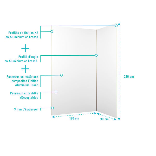 AURLANE - Pack 2 Panneaux Muraux en Aluminium Blanc 120+90x210 cm + Profilés Or Doré Brossé - large