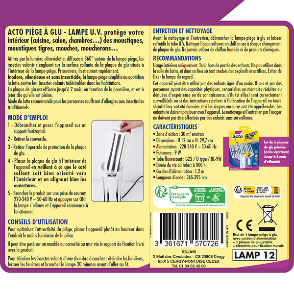 ACTO - Piège à glu lampe UV - 30m² - 360° - large