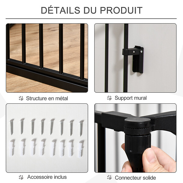PAWHUT - Barrière de sécurité parc enclos chien modulable pliable porte verrouillable intégrée 5 panneaux en métal 300L max. x 74,5H cm métal PP noir - large