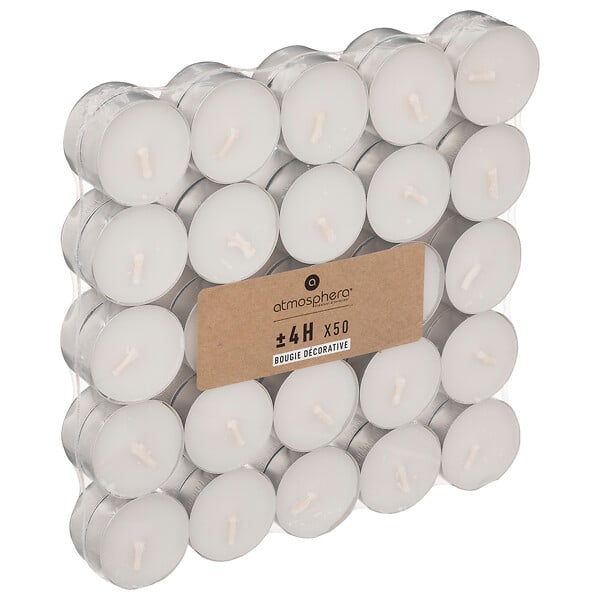 ATMOSPHERA - Bougies chauffe-plat en cire blanche - Lot de 50 - Durée 4h - large