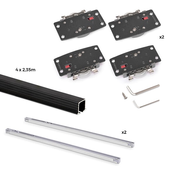EMUCA - Kit de ferrures pour Flow2 2 portes coulissantes et à fermeture souple avec rails encastrés 2,35m, panneaux non inclus, Peint en Noir - large
