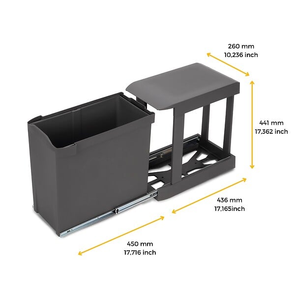 EMUCA - Poubelles de recyclage pour la cuisine, 1 x 30L, fixation inférieure et extraction automatique, Acier et Plastique, Gris antracite - large