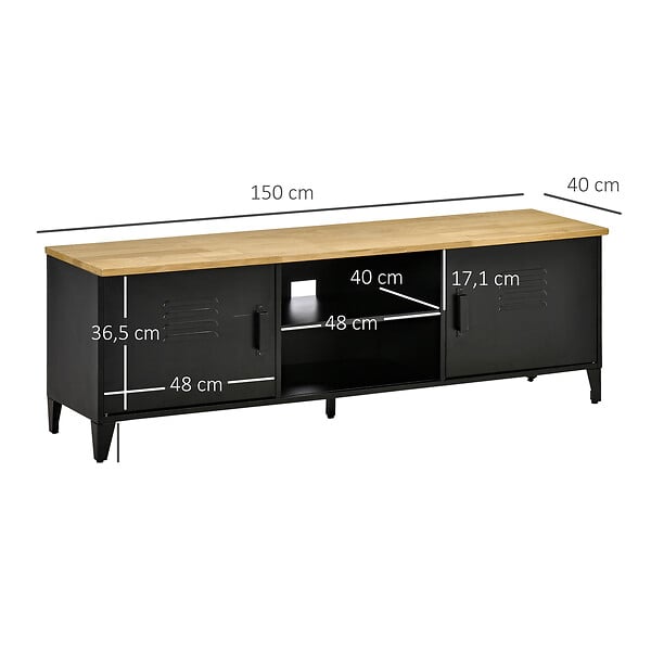 HOMCOM - Meuble TV banc TV design industriel - 2 placards, 2 niches, 2 passe-fils - structure piètement tôle métal plateau bois d'hévéa - large