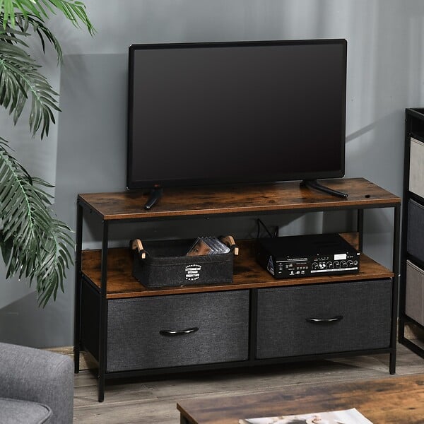 HOMCOM - Meuble TV bas sur pieds style industriel 2 tiroirs en tissu gris MDF marron rustique et métal noir - large
