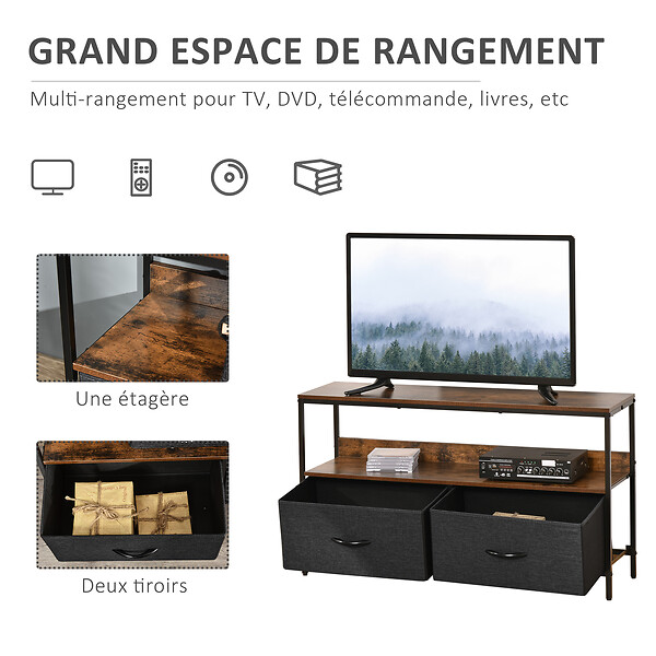 HOMCOM - Meuble TV bas sur pieds style industriel 2 tiroirs en tissu gris MDF marron rustique et métal noir - large