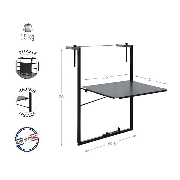 CENTRALE BRICO - Table de balcon réglable Soléa - 55x45 cm - anthracite - large