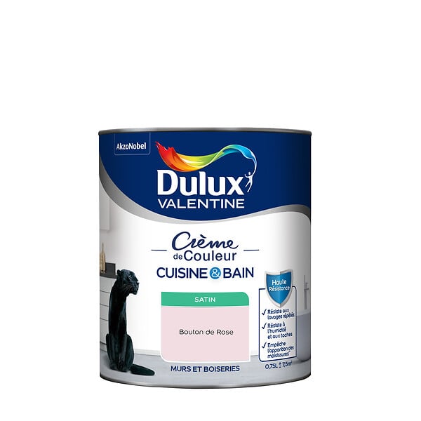 DULUX VALENTINE - Peinture Crème de Couleur Cuisine et Bain Satin Bouton de Rose 0,75 L - large