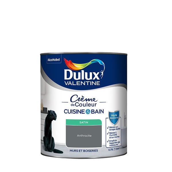 DULUX VALENTINE - Peinture Crème de Couleur Cuisine et Bain Satin Anthracite 0,75 L - large