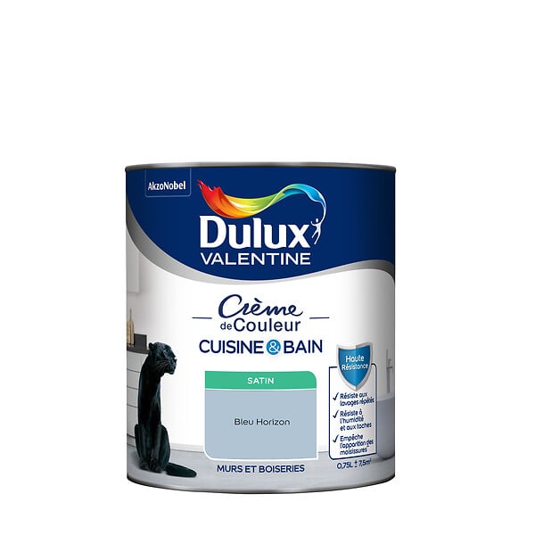 DULUX VALENTINE - Peinture Crème de Couleur Cuisine et Bain Satin Bleu Horizon 0,75 L - large