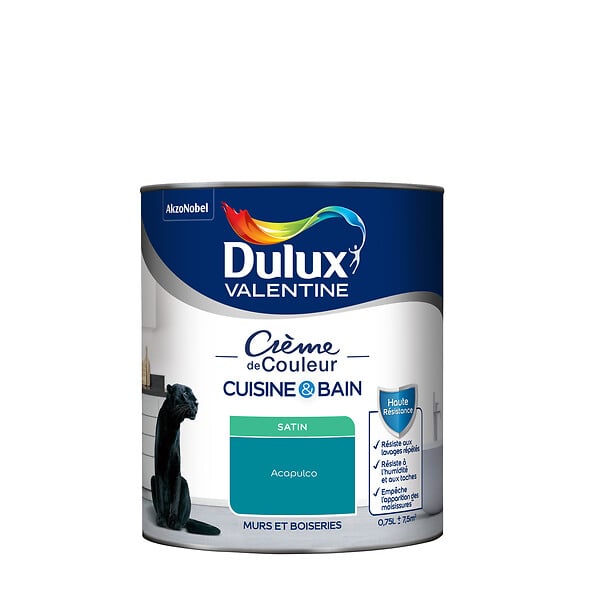 DULUX VALENTINE - Peinture Crème de Couleur Cuisine et Bain Satin Acapulco 0,75 L - large