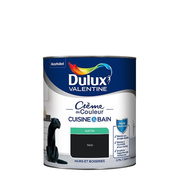 DULUX VALENTINE - Peinture Crème de Couleur Cuisine et Bain Satin Noir 0,75 L - large