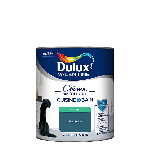 DULUX VALENTINE - Peinture Crème de Couleur Cuisine et Bain Satin Bleu Paon 0,75 L - large