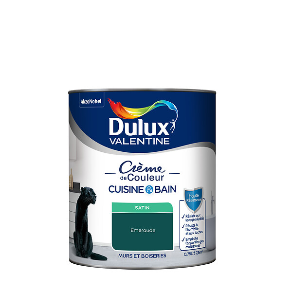 DULUX VALENTINE - Peinture cuisine et bain Satin - Émeraude - 0,75L - large