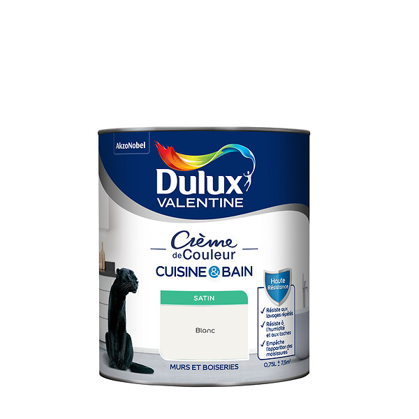 DULUX VALENTINE - Peinture Crème de Couleur Cuisine et Bain Satin Blanc 0,75 L - large