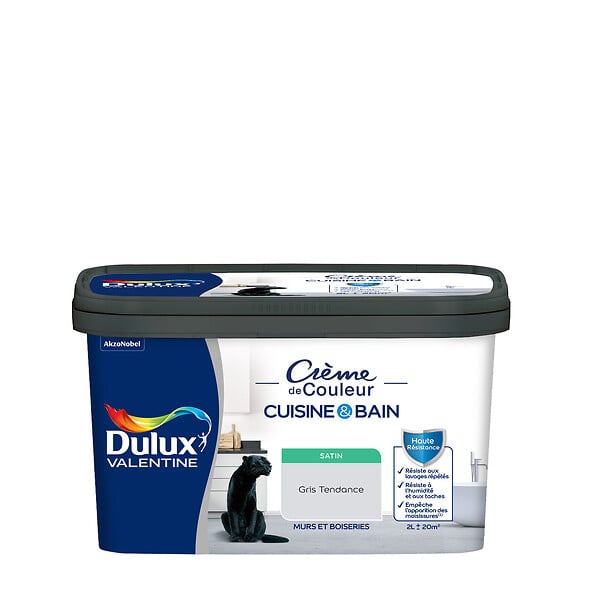 DULUX VALENTINE - Peinture satinée pièce humide - Gris Tendance - 2 L - large