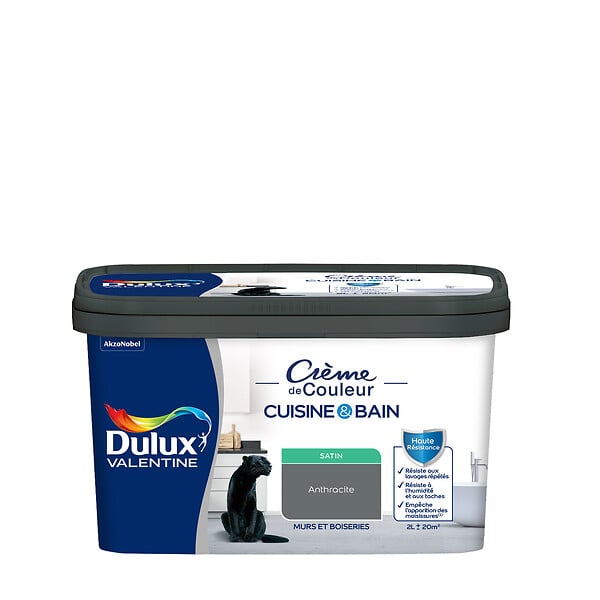 DULUX VALENTINE - Peinture murale cuisine et bain - Satin - Anthracite 2 L - large