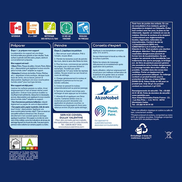 DULUX VALENTINE - Peinture Crème de Couleur Cuisine et Bain Satin Bleu Horizon 2 L - large
