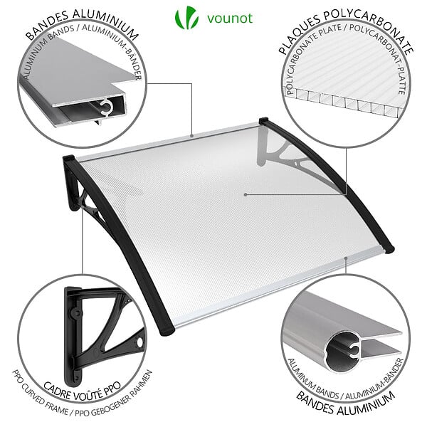 VOUNOT - Auvent de porte marquise 120x80 cm transparent en Polycarbonate anti UV Noir - large