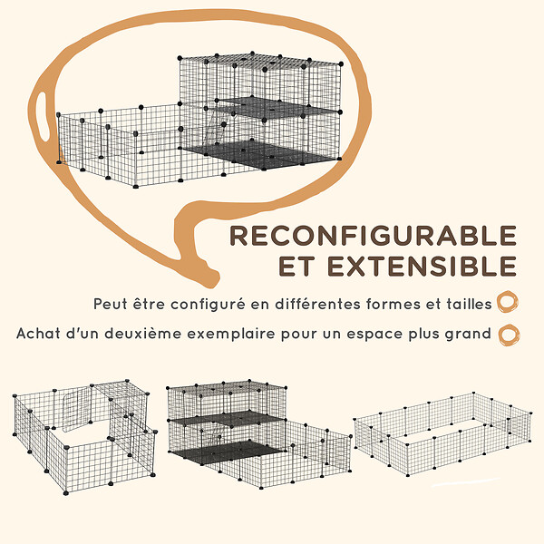 PAWHUT - Cage parc enclos rongeurs modulable dim. L 175 x l 105 x H 70 cm 2 niveaux 2 portes rampe résine PP fil métallique noir - large