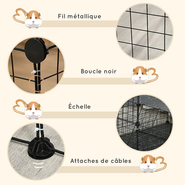 PAWHUT - Cage parc enclos rongeurs modulable dim. L 175 x l 105 x H 70 cm 2 niveaux 2 portes rampe résine PP fil métallique noir - large