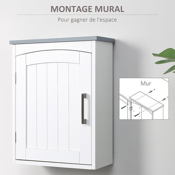 KLEANKIN - Armoire haute murale de salle de bain ou WC - placard porte avec étagère réglable - dim. 41L x 18l x 52H cm - MDF blanc gris - large