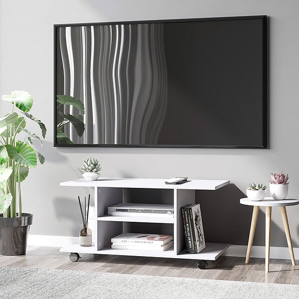 HOMCOM - Meuble TV bas à roulettes avec étagère panneaux de particules blanc - large