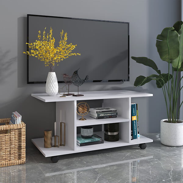 HOMCOM - Meuble TV bas à roulettes avec étagère panneaux de particules blanc - large