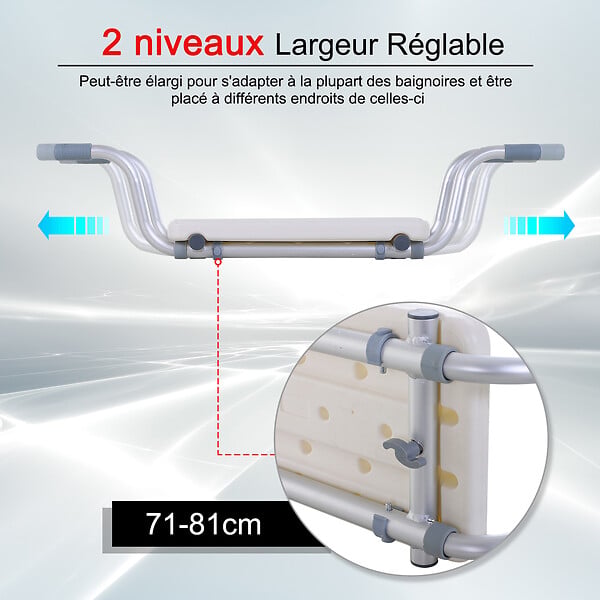 HOMCOM - Siège de baignoire - siège de bain suspendu réglable - tabouret de salle de bain - dim. 71-81L x 22l x 18H cm - alu. HDPE blanc - large