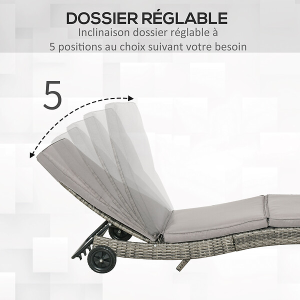 OUTSUNNY - Bain de soleil transat grand confort - dossier inclinable 5 positions roulettes - matelas déhoussable inclus - résine tressée grise - large