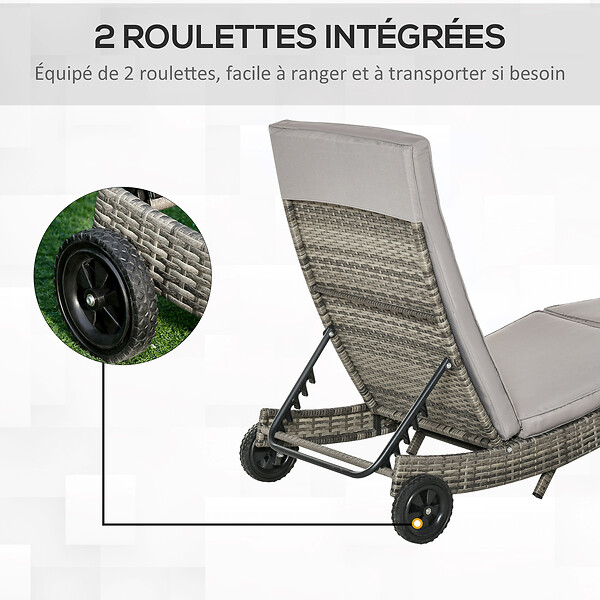 OUTSUNNY - Bain de soleil transat grand confort - dossier inclinable 5 positions roulettes - matelas déhoussable inclus - résine tressée grise - large