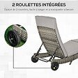 OUTSUNNY - Bain de soleil transat grand confort - dossier inclinable 5 positions roulettes - matelas déhoussable inclus - résine tressée grise - vignette