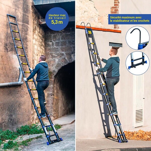 HOSTRÃ–M - Echelle telescopique 4,4m TELESCOVA14+, Aluminium, Pliable, Extensible, Multi-fonction, Hauteur de travail max 5,3m, Crochets Amovibles, Garantie 5ans - large