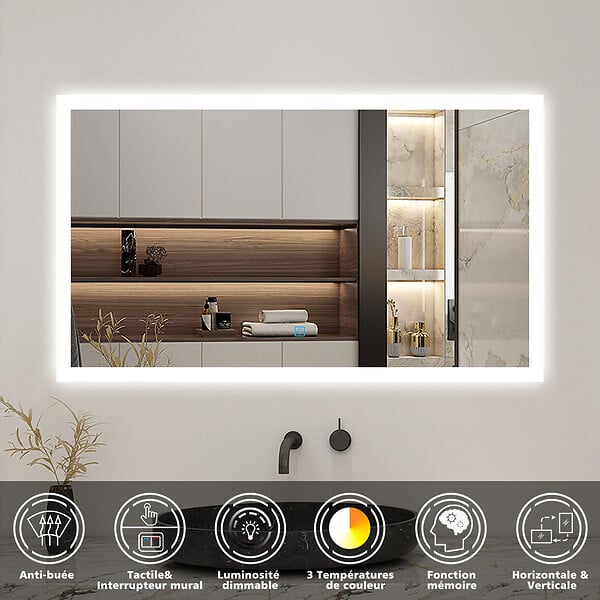 AICA SANITAIRE - Miroir de salle de bain LED 80x60cm, 3 couleurs tactile + anti-buée + dimmable + fonction mémoire - large