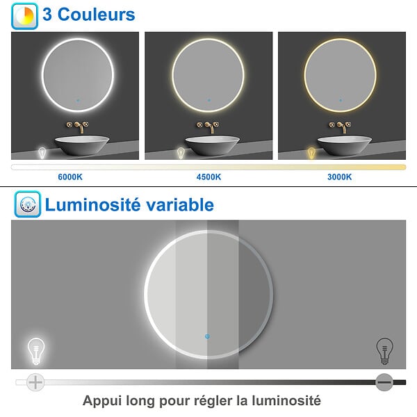 AICA SANITAIRE - Miroir de salle de bain rond LED 80cm 3 couleurs tactile + anti-buée + dimmable + fonction mémoire - large