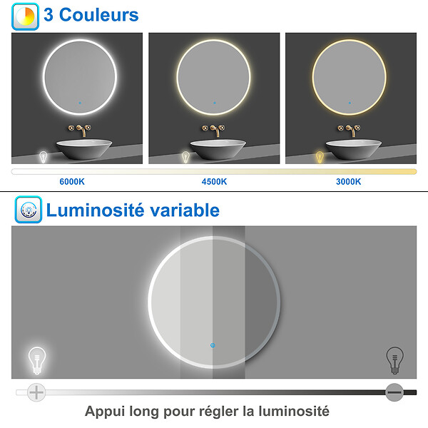 AICA SANITAIRE - Miroir de salle de bain rond LED 70cm 3 couleurs tactile + anti-buée + dimmable + fonction mémoire - large