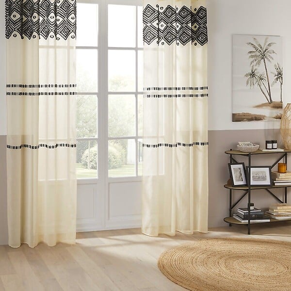 ATMOSPHERA - Voilage à œillets Beige Lin motif Noir 140 x 240 cm - large