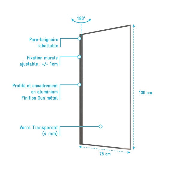 AURLANE - Pare Baignoire Rabattable 75x130 cm - Aluminium Gun Metal et Verre Trempé 4 mm - large