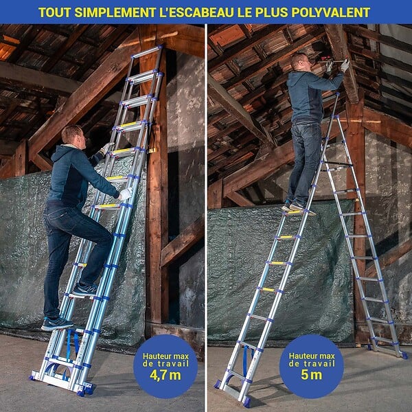 HOSTRÃ–M - Escabeau 12 marches telescopique EXTENDACT12, Echelle telescopique 3.5m+3.2m, escabeau pliable, Stabilisateur, H max travail 5m, Garantie 5 ans - large