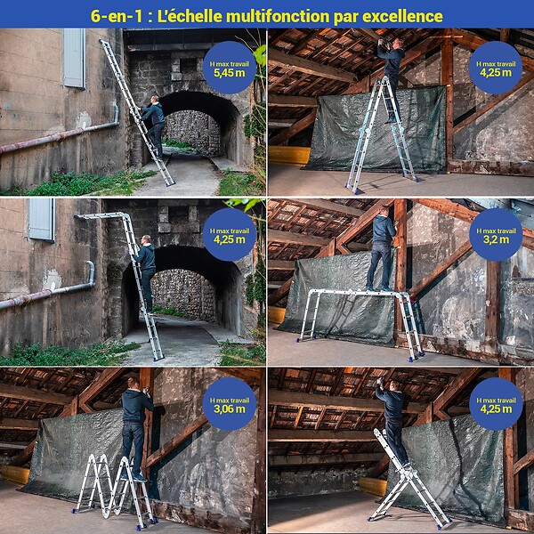 HOSTRÃ–M - Echelle pliante articulée STAVALANCE 4x4 marches, echafaudage multifonction, ecarteur de mur, escabeau, 2 plaques plateforme de travail, Hostrom - large