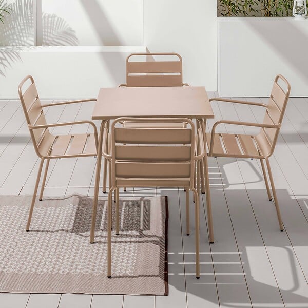 OVIALA - Ensemble table de jardin carrée et 4 fauteuils acier taupe - Palavas - large
