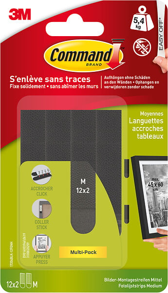 3M - Lot 24 Languettes de Fixation Tableaux Command noir moyen modèle - large