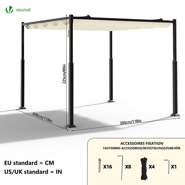 VOUNOT - Pergola retractable 3x3m en metal et toile Polyester haute densite 180g/m2 beige - large
