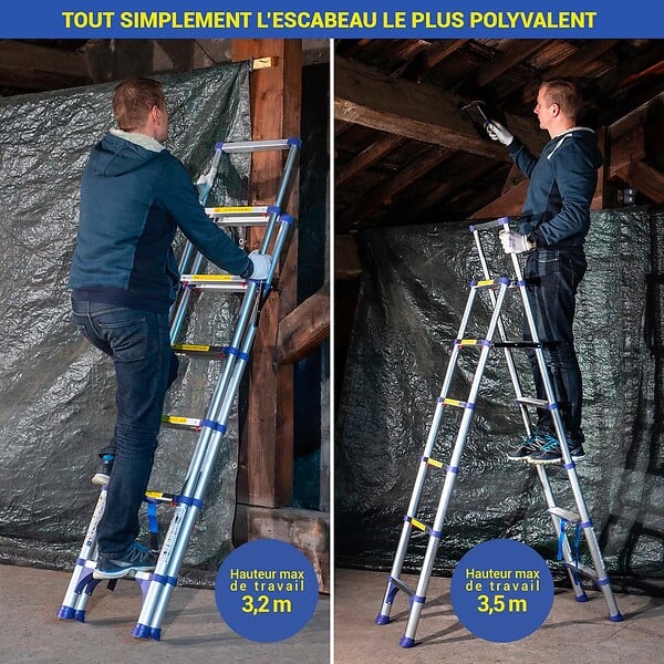 HOSTRÃ–M - Escabeau 7 marches telescopique EXTENDACT6, Echelle telescopique 2m+1.7m, escabeau pliable télescopique, H max travail 3,5m, Garantie 5 ans, Hostrom - large