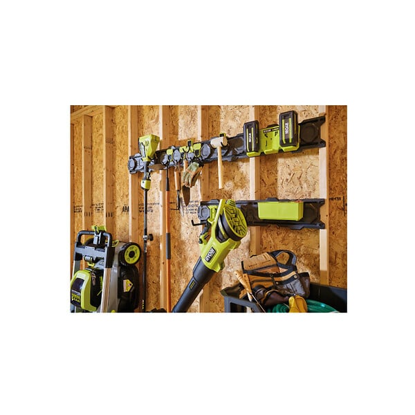 RYOBI - Pack RYOBI Système LINK 2 rails muraux - Support d'outil électroportatif - Crochet double - Organisateur - Bac de rangement double - large