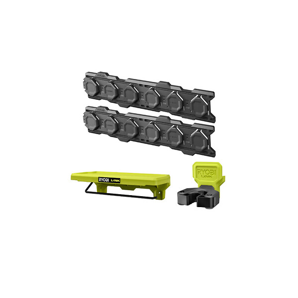RYOBI - Pack RYOBI Système LINK 2 rails muraux - Pince réversible - Étagère pour produits de nettoyage - large