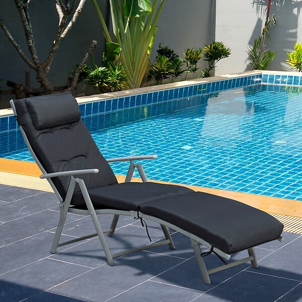 OUTSUNNY - Bain de soleil pliable transat inclinable 7 positions chaise longue grand confort avec matelas + accoudoirs métal époxy textilène polyester noir - large